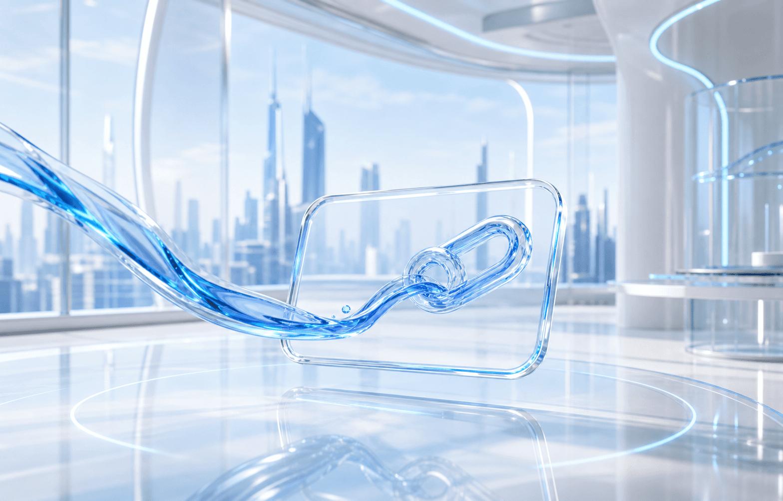 A blue liquid link flowing through a glass panel in a futuristic room