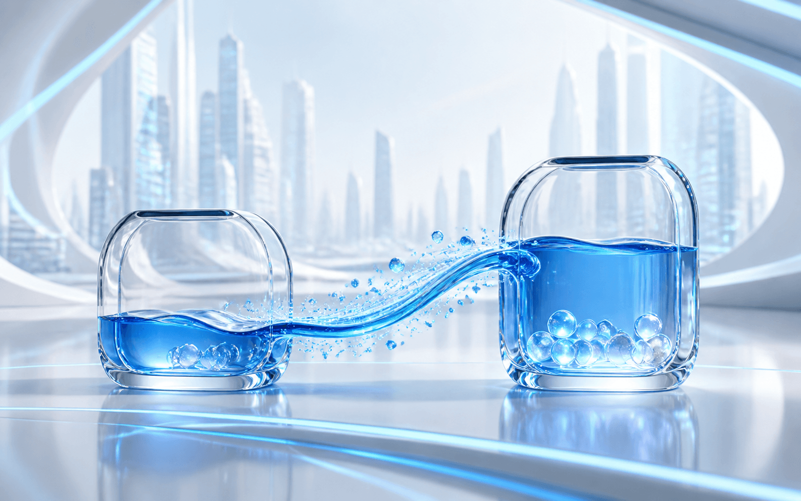 Blue liquid moving between two glass vessels in a bright futuristic room