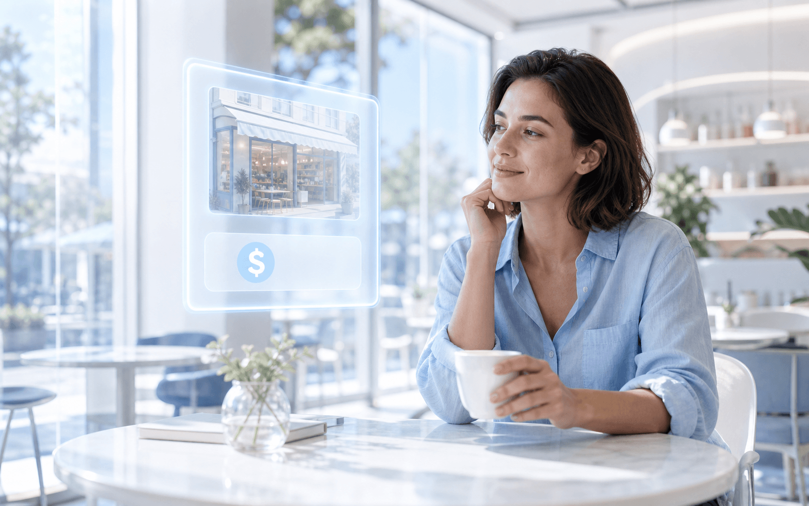 A woman considering a paid Share Request from a local business