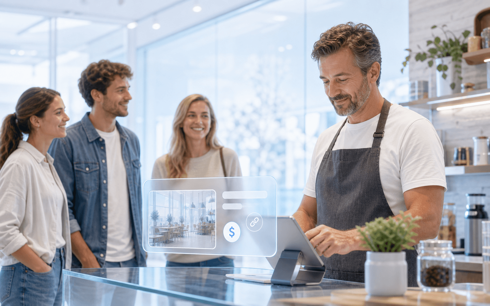 A restaurant owner preparing a business link while three customers look on