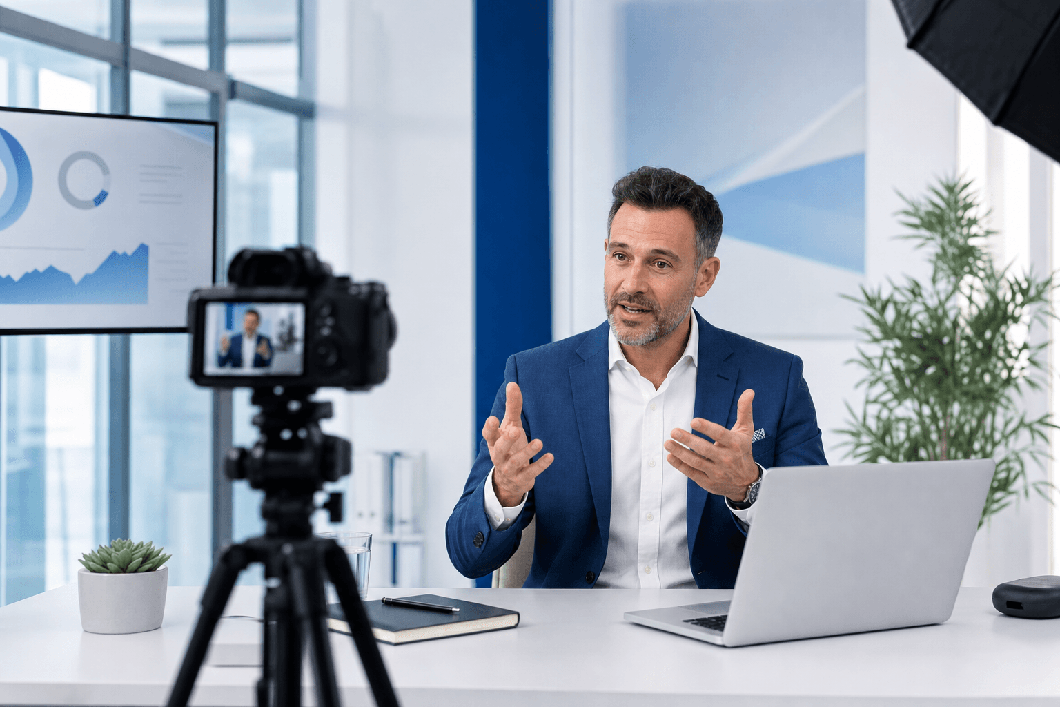 A presenter recording a professional webinar